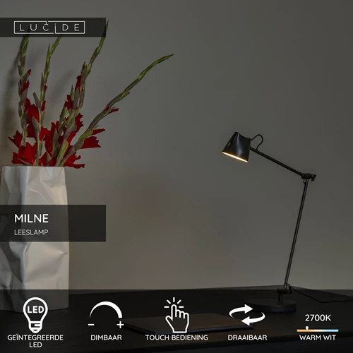 Lucide MILNE - Leeslamp - LED Dimb. - 1x8W 2700K - Zwart - USP